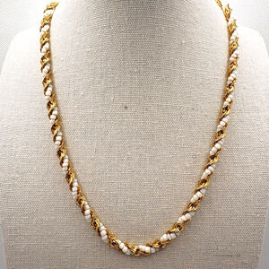 Vintage Monet Gold Tone White Seed Beads Twist Choker Necklace Elegant Glam 18"